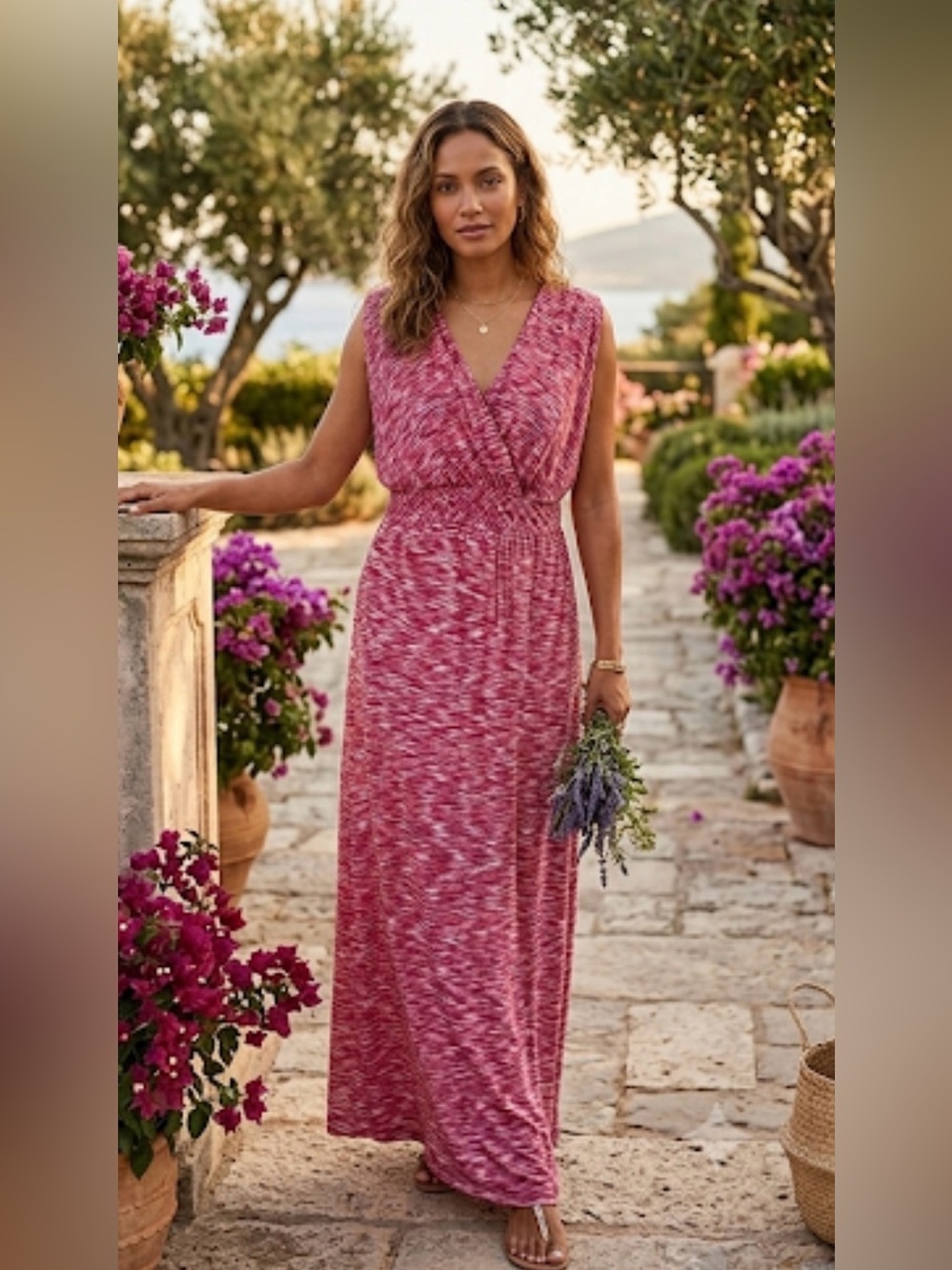 Splendid Pink Patterned V-Neck Maxi Dress